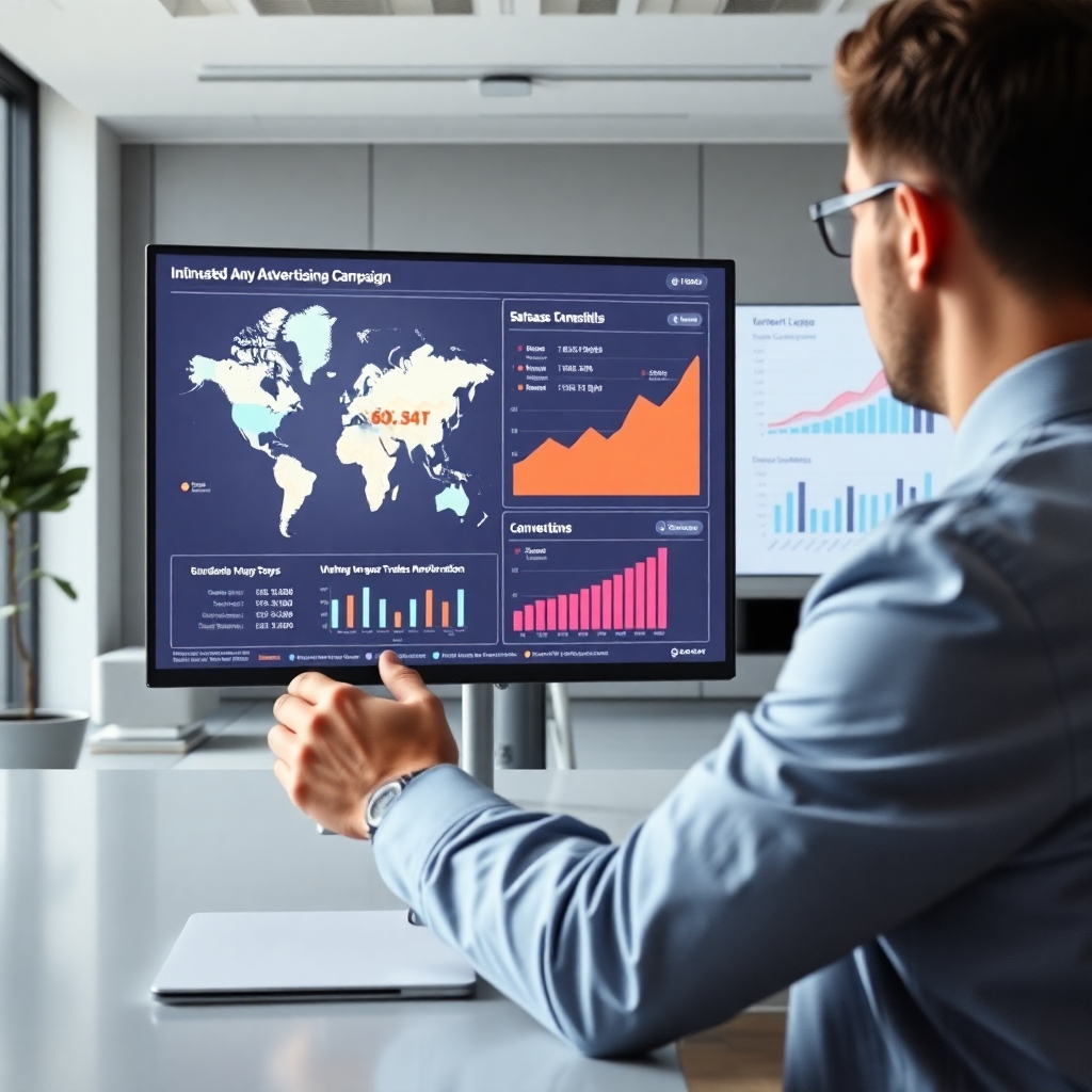 A photorealistic image depicting a business professional reviewing data analytics on a large screen showing a targeted advertising campaign map with various demographics highlighted, and graphs indicating a sharp increase in sales conversion. The background should be a modern, minimalist office space with soft, natural lighting.
