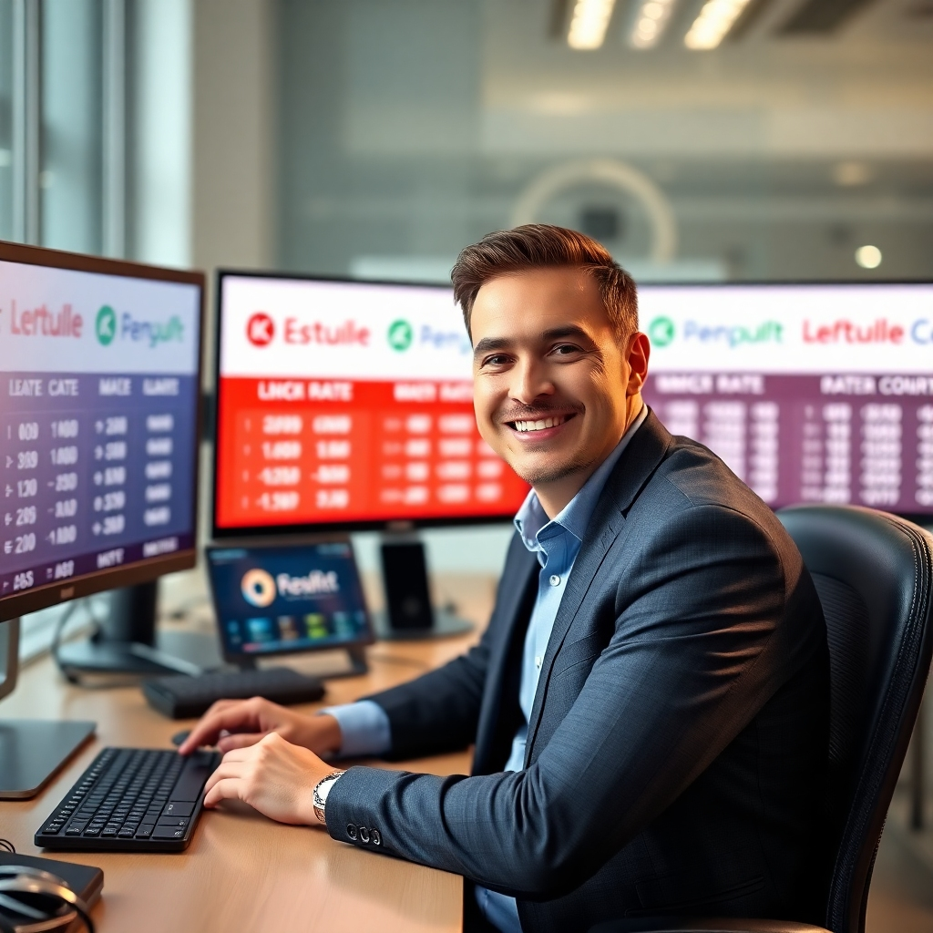 A photorealistic image depicting a mortgage broker sitting at a desk, smiling confidently, with multiple computer screens displaying various lender logos and mortgage rate comparisons.  The scene should be brightly lit and modern, conveying efficiency and ease. The broker should be looking directly at the camera, creating a friendly and approachable feel.  High-resolution, detailed image with a shallow depth of field.