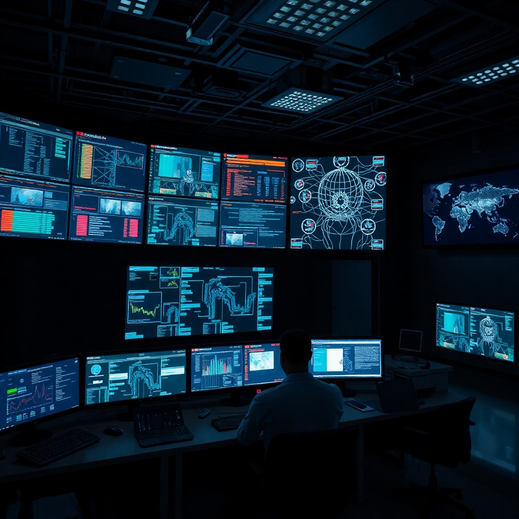 A photorealistic image depicting a sophisticated cybersecurity operations center with multiple large screens displaying complex data streams and network visualizations. The room is dimly lit, highlighting the intensity of the work, with specialists monitoring and responding to cybersecurity threats. The image should exude a sense of security and protection.