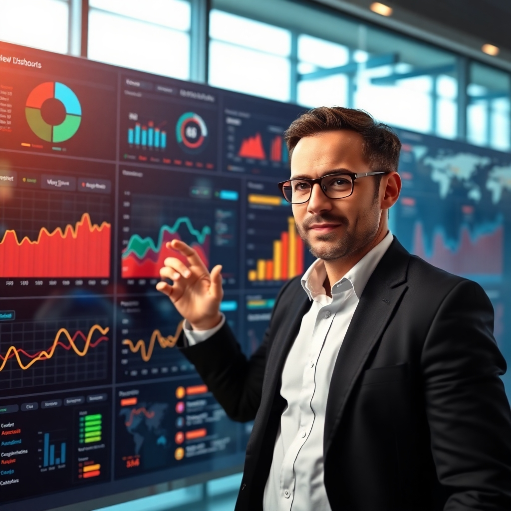 A photorealistic image depicting a dynamic business dashboard with real-time data visualizations constantly changing.  In the foreground, a business consultant is adjusting elements within the dashboard, showing quick reaction to data updates. The environment should be modern and bright, reflecting a fast-paced and responsive business atmosphere. The consultant should appear confident and focused.
