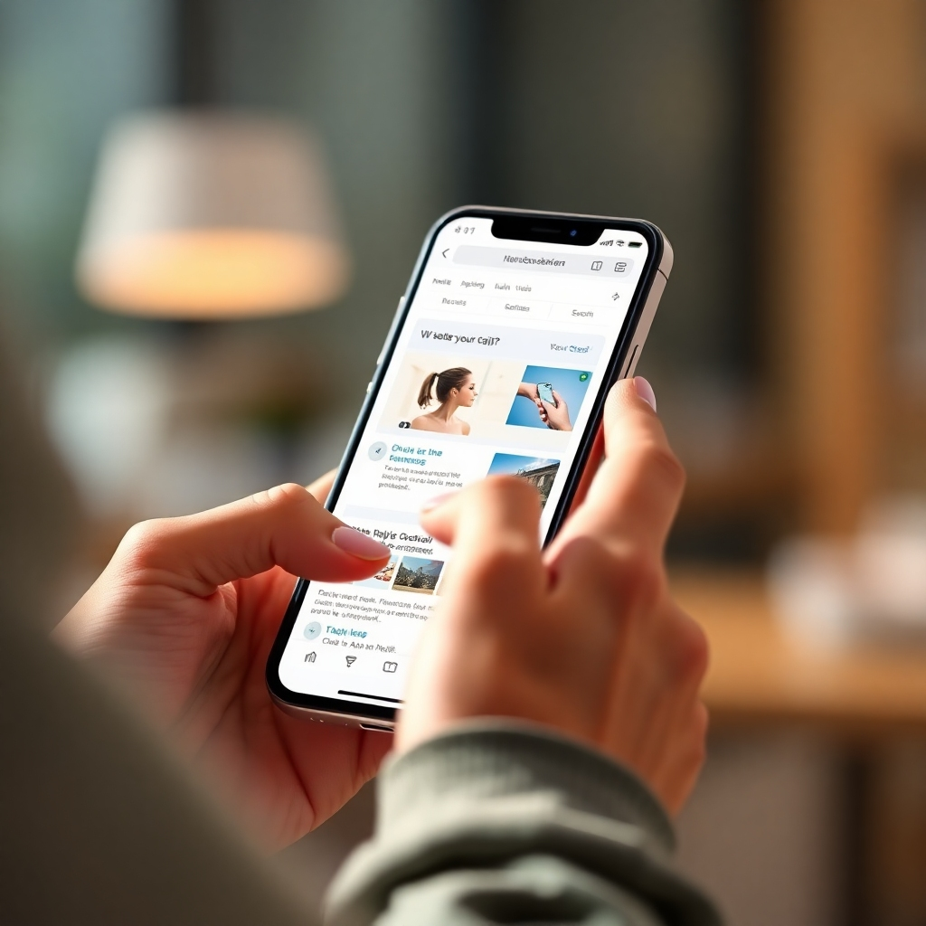 A photorealistic image depicting a person effortlessly navigating a website on their smartphone, with the website's design clearly showcasing clean lines, intuitive menus, and easily accessible content, emphasizing responsiveness. The background should be blurred and out of focus, drawing attention to the phone and website interaction. The image should have a bright and airy feel, highlighting the ease of use.