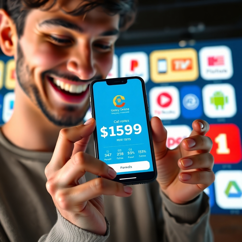 A photorealistic image depicting a person smiling and looking at their smartphone displaying a virtual loyalty card with a substantial points balance. The background should showcase various online store logos, symbolizing the accumulated rewards from different platforms.