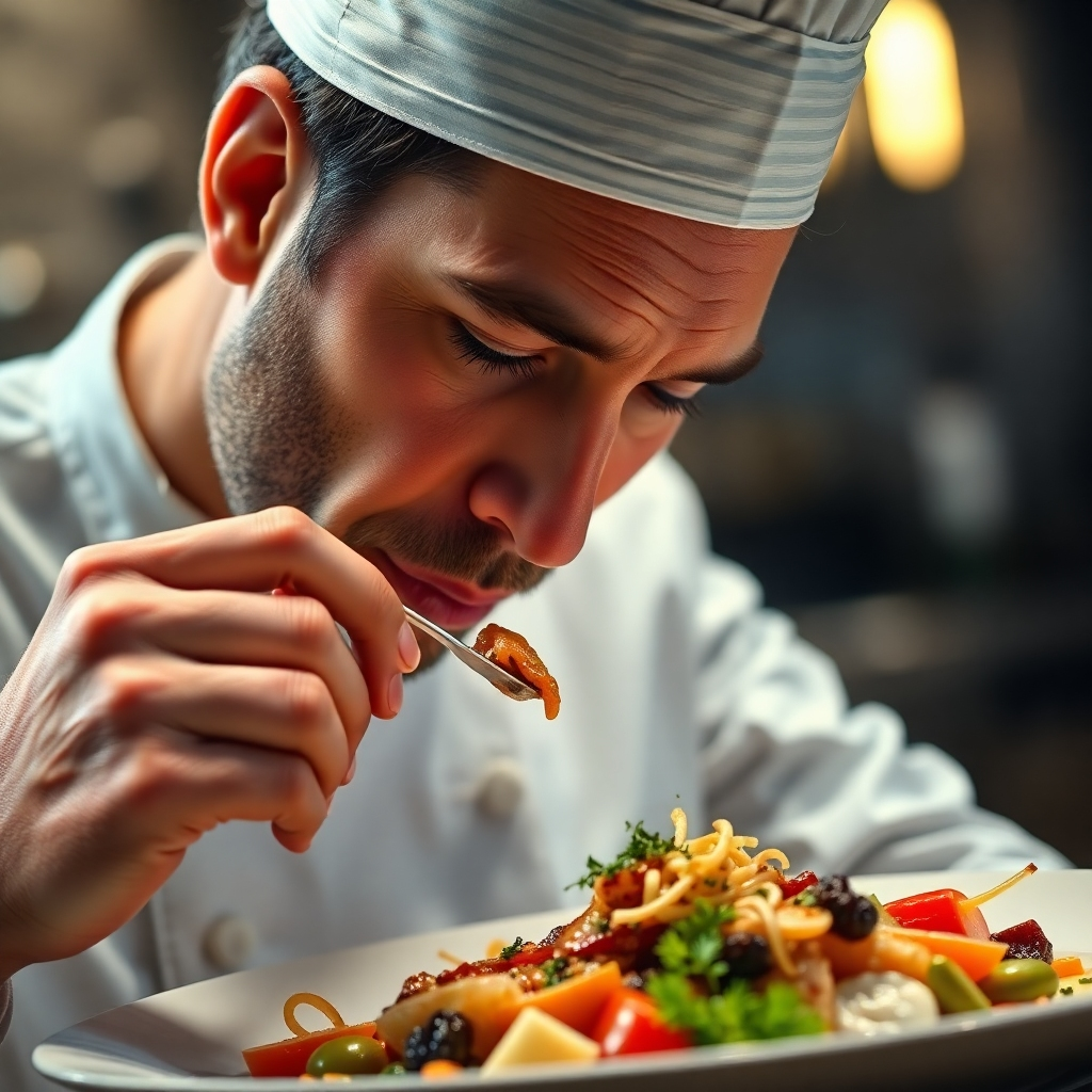 A photorealistic image depicting a chef tasting a dish, with a thoughtful expression suggesting careful consideration of the flavor profile.  The background features a beautifully plated dish showcasing a variety of colors and textures, hinting at the complex flavor balance.