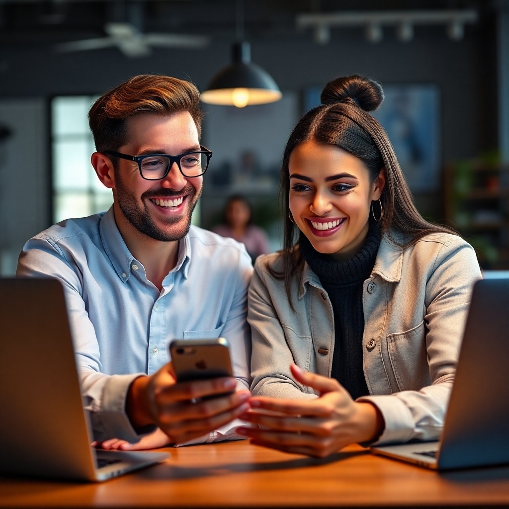 A photorealistic image depicting a happy collaboration between a brand representative and a popular social media influencer.  The image should show both individuals working together, possibly reviewing content or engaging on social media.  The background should suggest a professional but creative environment, and the mood should be one of teamwork and success.