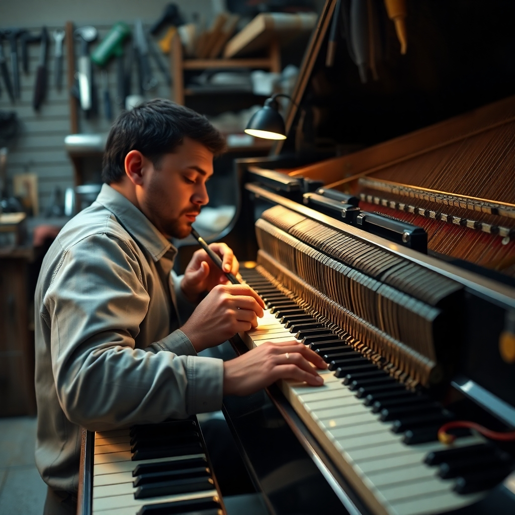 A photorealistic image depicting a piano technician meticulously repairing a piano action.  Focus on the intricate details of the hammers, keys, and mechanisms. Use a shallow depth of field to highlight the repair work.  The setting should be a well-organized workshop with various tools visible.