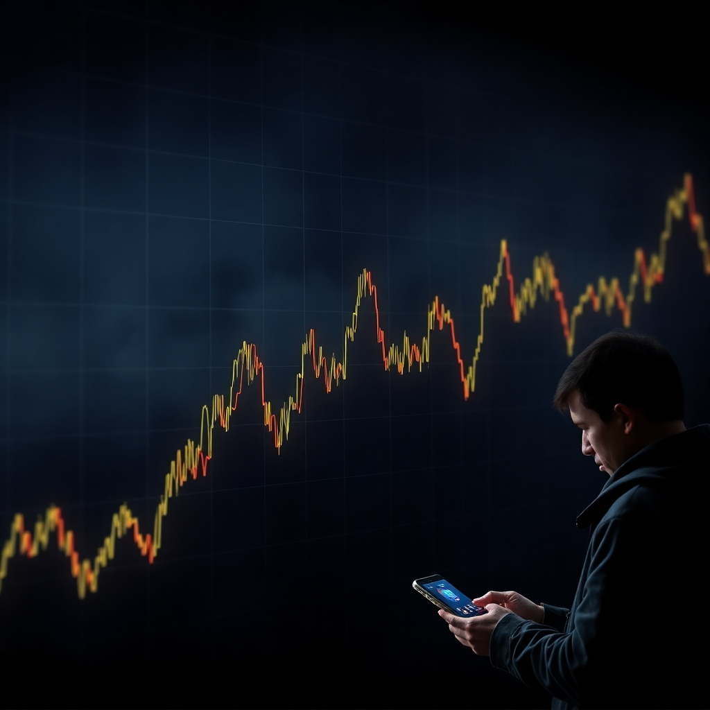 A photorealistic image depicting a graph with a wildly fluctuating cryptocurrency price line, showing sharp peaks and deep valleys. The background should be a dark, moody setting, symbolizing the uncertainty of the market. Include visual elements such as news headlines about crypto crashes and a worried investor looking at their phone.