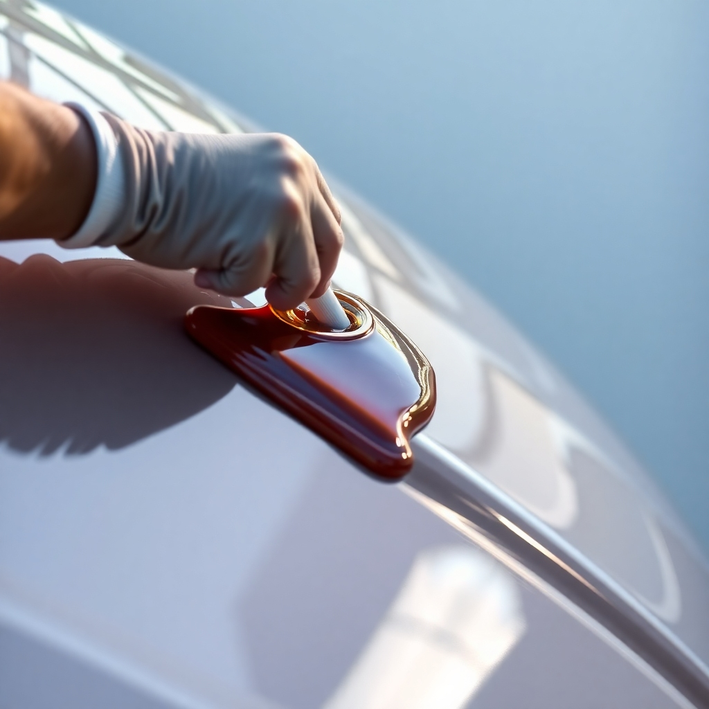 A photorealistic image depicting the application of a wax or sealant to a gleaming, polished boat hull. The image should showcase the ease of use and smooth application of the product.  High-quality lighting should highlight the depth and shine of the boat's surface after the product application. The background should be subtly present, focusing attention on the product application and its immediate effect.