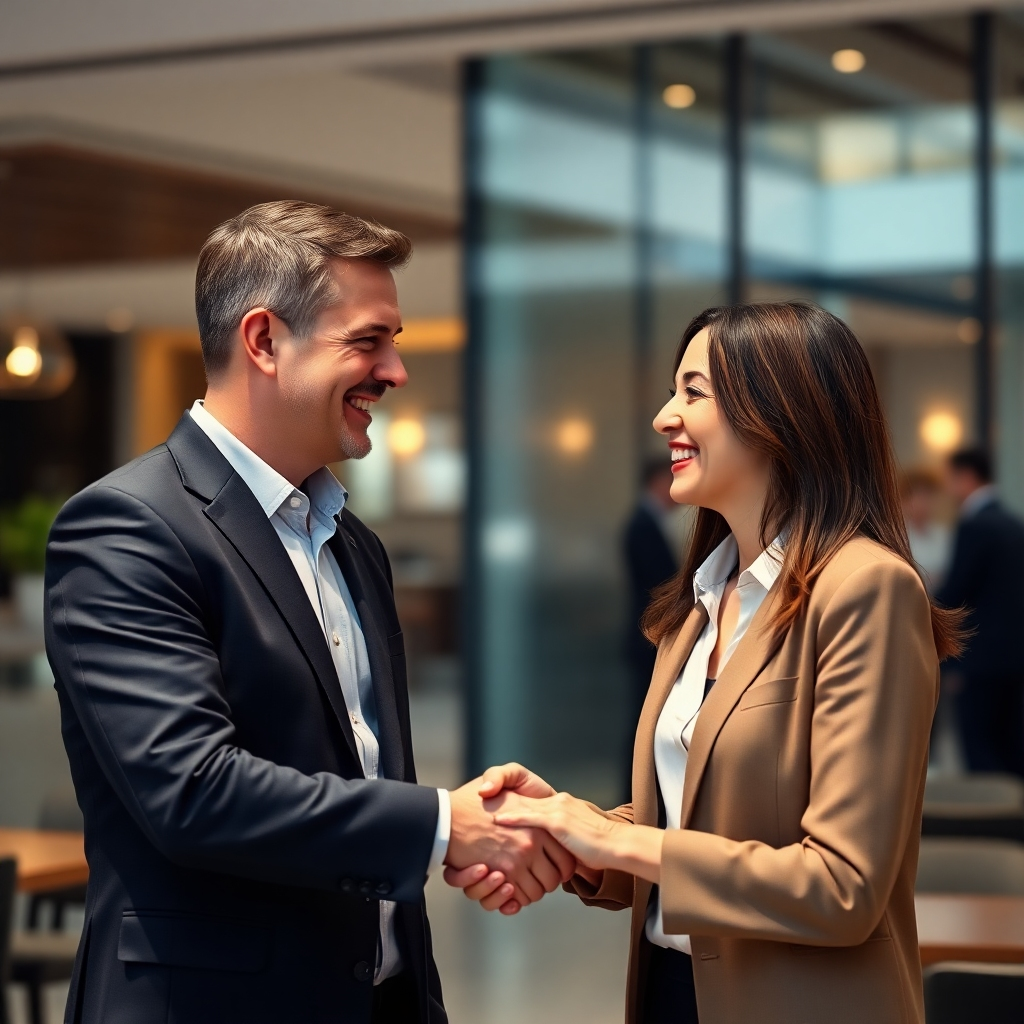 A photorealistic image depicting a business consultant warmly shaking hands with a client. They are both smiling sincerely, reflecting a strong connection and mutual trust. The background is blurred but subtly suggests a professional business setting, maybe an upscale restaurant or a modern office lobby. The overall mood should be positive, collaborative, and warm.