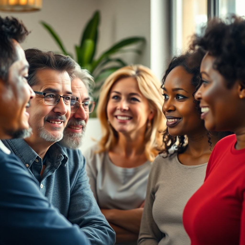 A photorealistic image depicting a diverse group of people from different age groups and backgrounds, each with unique facial expressions conveying their individual personalities and emotions. They are engaging in a meaningful conversation, and the scene is filled with natural light and subtle details that enhance their unique characters.  The setting should be casual and inviting. The focus should be on their authentic and genuine interactions.