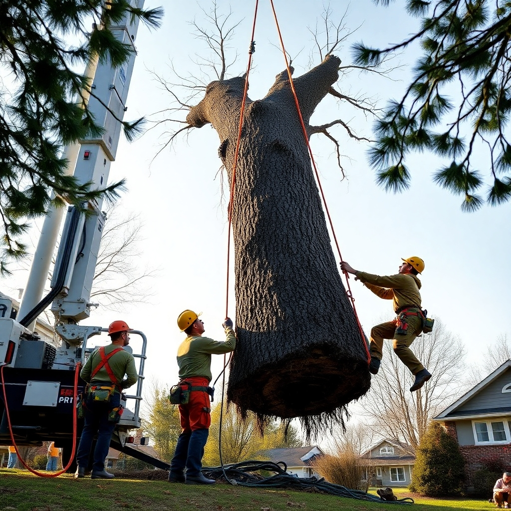 A photorealistic image depicting a team of arborists carefully removing a large tree using professional equipment like a crane and ropes. The image should emphasize safety measures, with arborists wearing appropriate gear. The surrounding area should be clear and protected from falling debris. The image should capture the controlled and efficient nature of the tree removal process.  The background should suggest a residential or commercial setting, possibly with a house or building visible in the distance. The overall tone should be one of professionalism and safety.