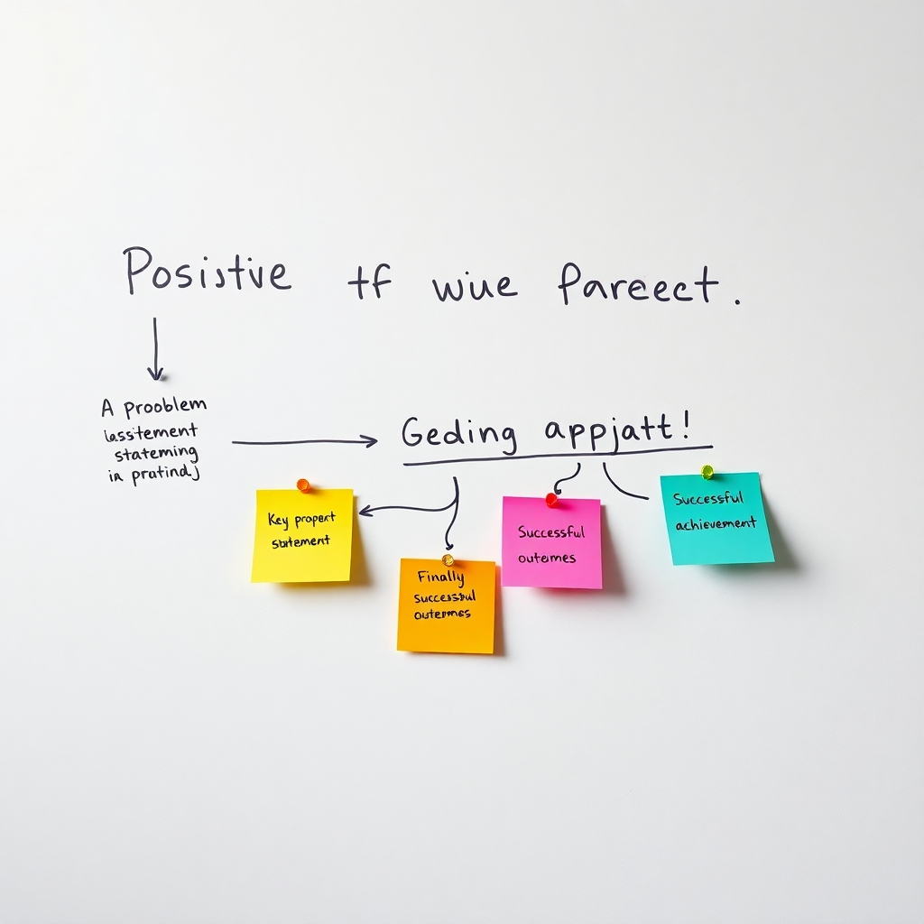 A photorealistic image depicting a hand-drawn flowchart illustrating the positive impact of a project, transitioning from a problem statement to a solution and finally to successful outcomes.  The background should be a light-colored wall with several colorful sticky notes indicating key project milestones and achievements.