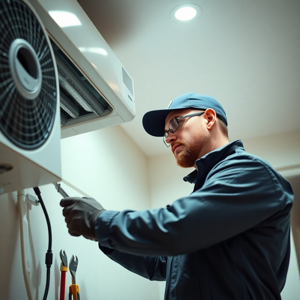 A photorealistic image depicting a qualified HVAC technician meticulously inspecting an HVAC system. The technician should be wearing a uniform and using professional tools.  The image should highlight the detail-oriented nature of the inspection. The setting should be a clean, well-maintained home or office.