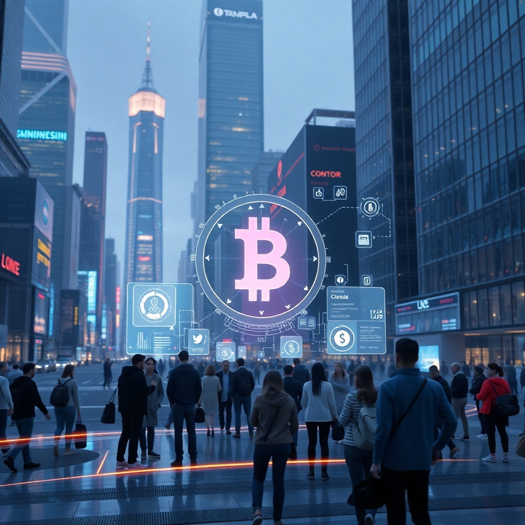 A photorealistic image depicting a futuristic cityscape with holographic displays showing decentralized applications interacting seamlessly, powered by a glowing cryptocurrency symbol in the background.  The style should be clean, modern, and technologically advanced, emphasizing user-friendly interfaces and seamless integration. Include diverse people interacting with these apps effortlessly, showcasing global accessibility and inclusivity. The overall mood should be optimistic and forward-looking.