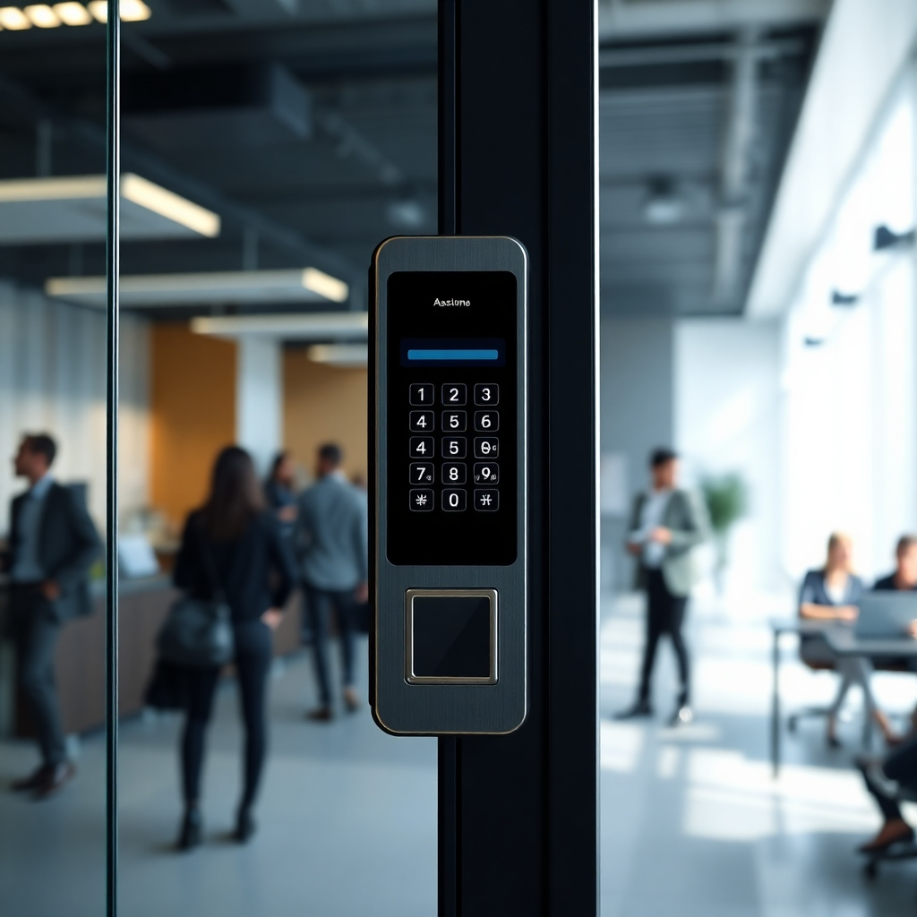 A photorealistic image depicting a sleek, modern access control system with a keypad and card reader installed on a glass office door. The background should show a busy, modern office environment, with employees using the system seamlessly.