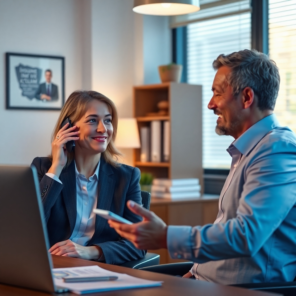 A photorealistic image depicting a calm and reassuring insurance broker on the phone, actively helping a client through an insurance claim process. The setting should be a professional but comforting office, conveying support and efficiency. Visual elements might include paperwork related to claims and a positive expression on both the broker's and the client's faces. The overall feel should be one of resolved and supported problem-solving.