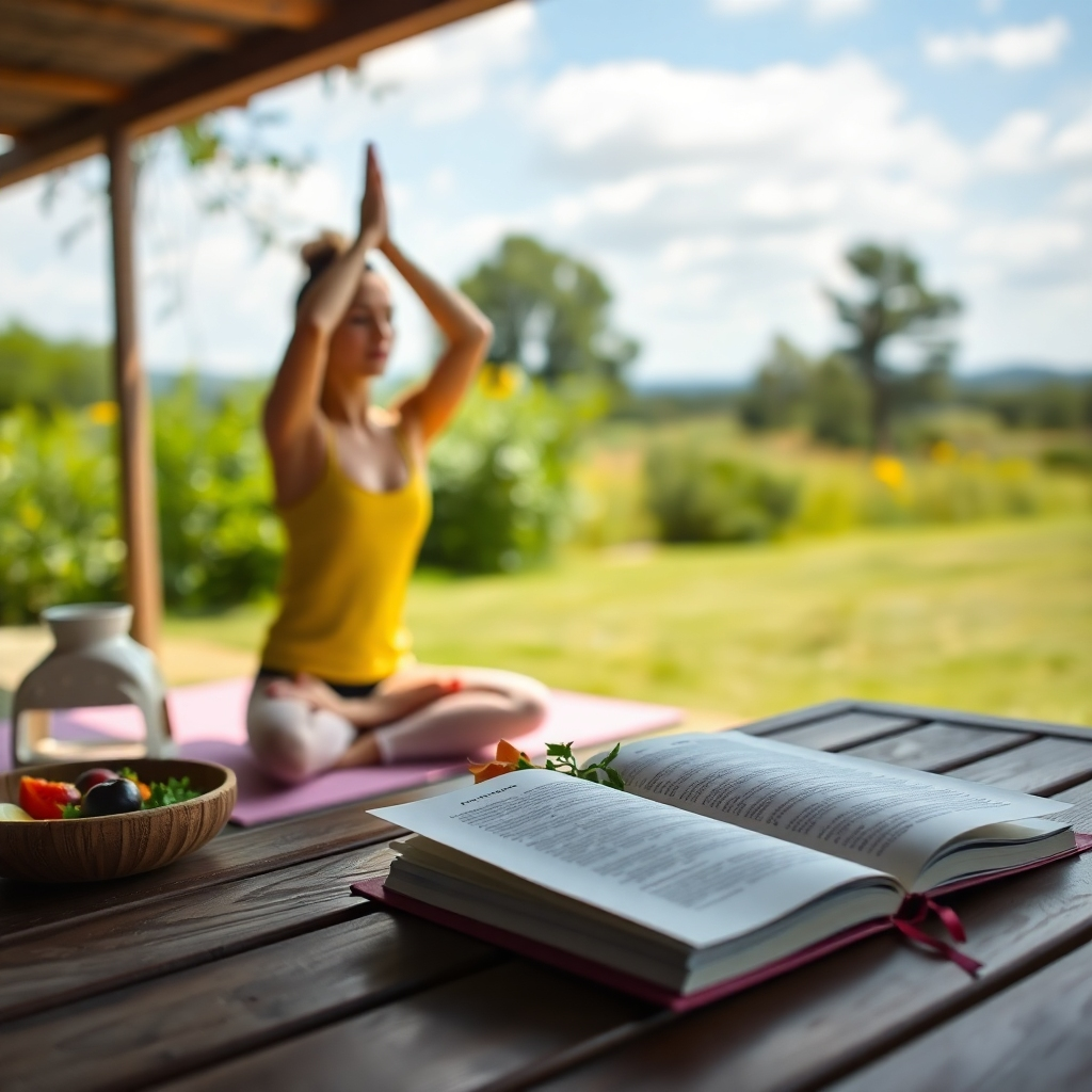 A photorealistic image depicting a person practicing yoga in a serene outdoor setting, a healthy meal on a table nearby, and a thoughtful journal open beside it.  The lighting should be soft and natural, highlighting the balance and harmony of mind, body, and spirit. High detail, serene atmosphere, vibrant and realistic colors.