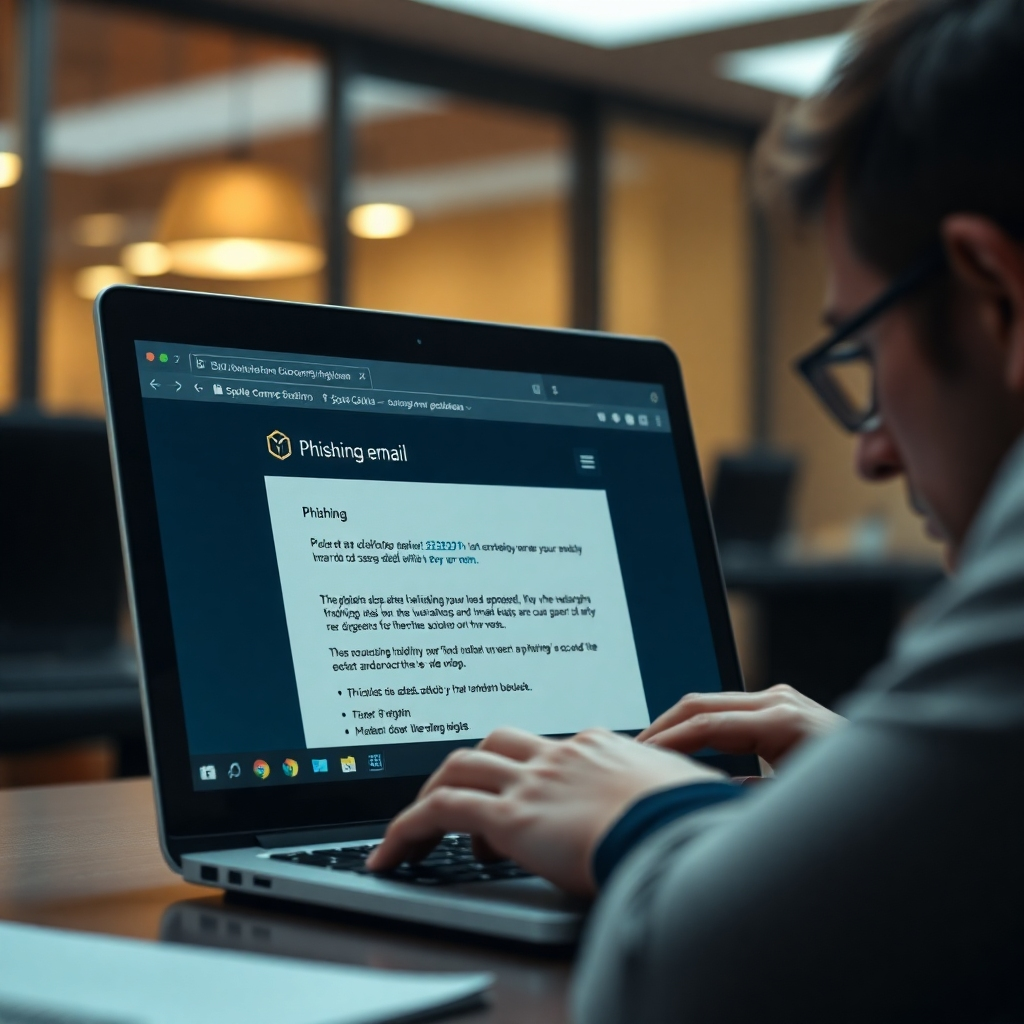A photorealistic image depicting a close-up of a laptop screen showing a convincing phishing email, with a worried person looking at it. The background should be blurred, showing a dimly lit office environment. The overall mood should be one of concern and suspicion.