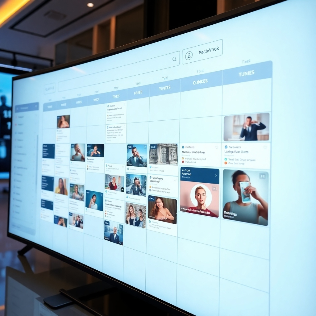 A photorealistic image depicting a sleek, modern calendar interface on a large screen.  The calendar should be filled with visually appealing content thumbnails representing various social media post formats (images, videos, stories) with relevant hashtags. The overall style should be clean, professional and organized.
