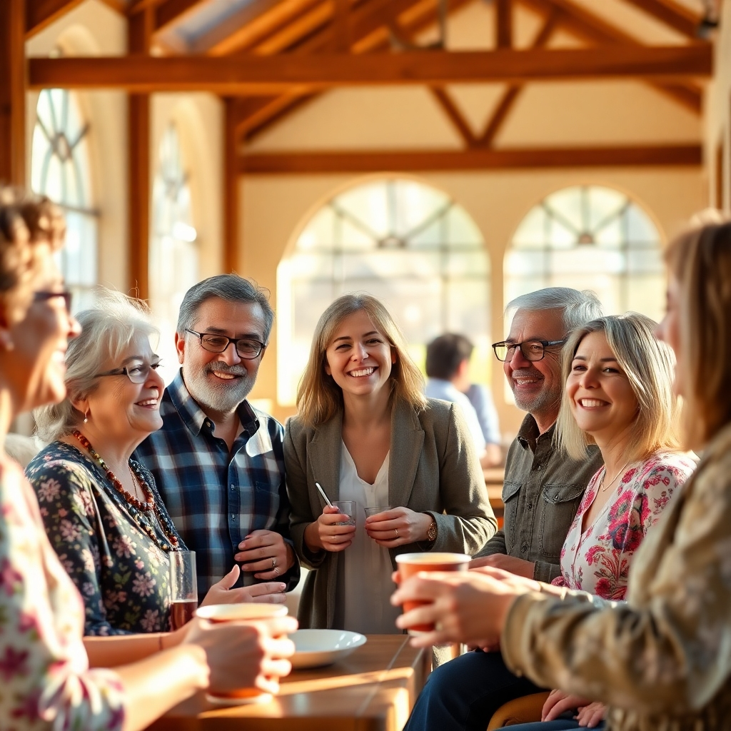 A photorealistic image depicting a friendly church community. Show smiling people of all ages interacting informally after a church service, perhaps sharing coffee and snacks in a sunlit church hall or outdoor patio. The scene should radiate warmth and genuine connection. Focus on natural light, vibrant colors, and lifelike expressions. High resolution, detailed textures