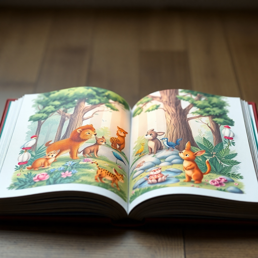 A photorealistic image depicting a children's book open to a page with vibrant illustrations of animals interacting in a fantastical forest, with soft lighting and detailed textures, showcasing the power of visual storytelling.
