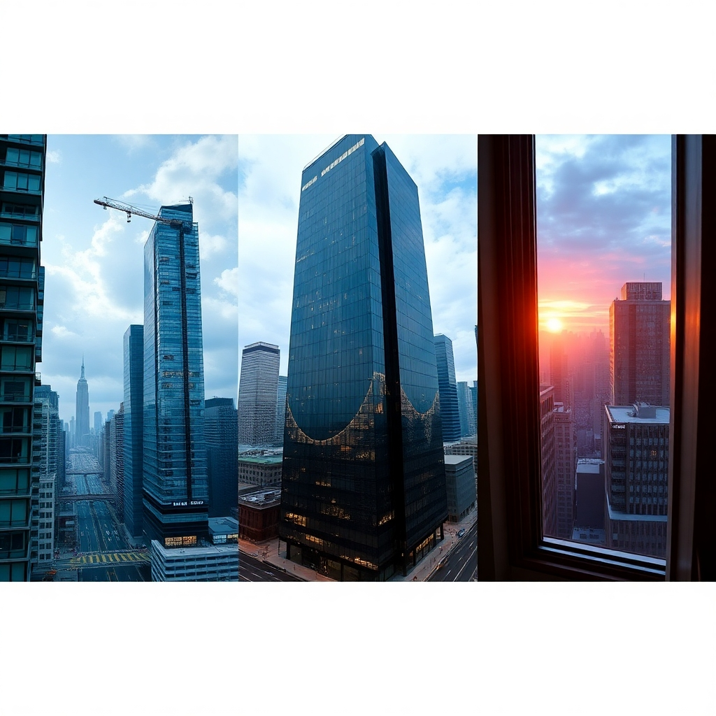 A photorealistic image displaying varied camera angles.  Three photos are shown side by side, depicting a cityscape: one taken from ground level looking up, one from a high-rise looking down, and one from a unique angle, like leaning out of a window.  High detail, cinematic lighting, 8k resolution