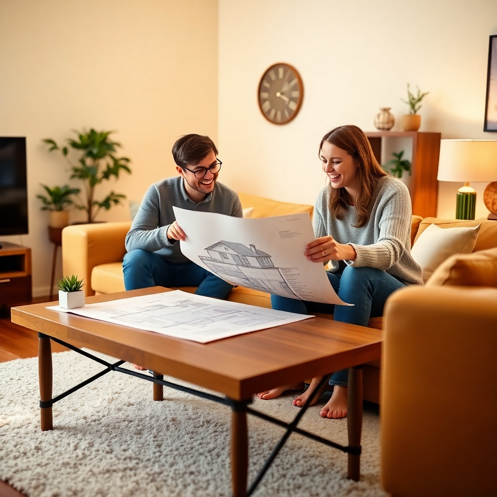 A photorealistic image, hyperrealistic, 8K resolution. The scene is set in a cozy living room, with soft diffused lighting creating a warm and inviting atmosphere.  A young couple excitedly looks at a house blueprint spread on a coffee table, while a friendly Mortgage Broker gestures towards a specific section.  The color palette is warm and inviting, with pastel yellows, soft creams, and the rich browns of wooden furniture.  The camera angle is slightly low, giving a perspective of looking up to the happy couple, emphasizing their joy.  Textures include the soft rug under their feet, the smoothness of the coffee table, and the slightly rough texture of the blueprint paper.  Environmental elements include house plants and decorative objects, creating a homely atmosphere.  The background has soft-focused details and is not distracting. The style is in the style of Gregory Crewdson, with a focus on realistic lighting, and capturing the emotions involved in the process.  Focus should be paid to capturing the emotion of excitement and confidence in the couple’s faces.
