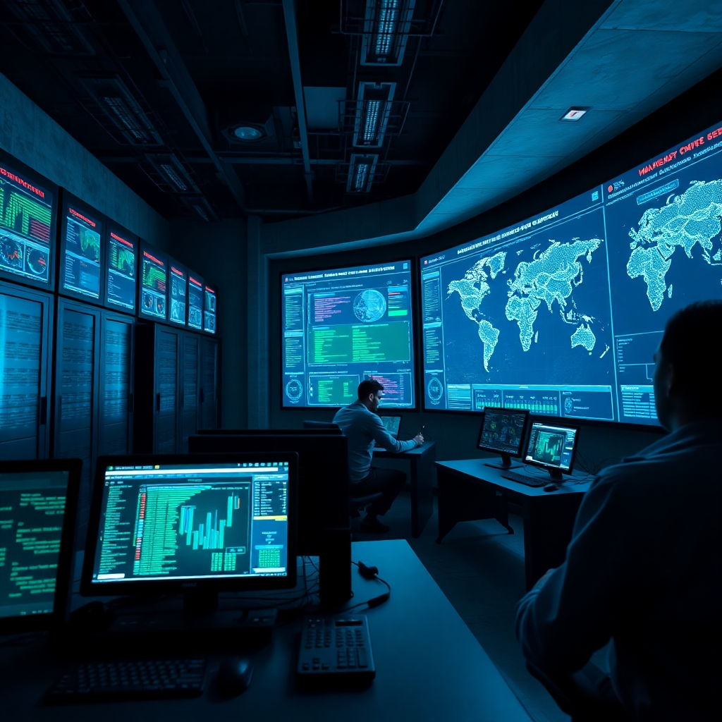 A photorealistic image, hyperrealistic and ultra-detailed (8K resolution), showcasing a futuristic-looking cybersecurity operations center. The scene is dimly lit, with dramatic side lighting highlighting the intense focus of the cybersecurity analysts. Cool blues and greens dominate the color palette, with subtle hints of warning-red on security monitoring dashboards. The camera angle is from slightly below, emphasizing the scale and complexity of the monitoring systems. Textures are rich and varied – smooth glass screens, the metallic sheen of server racks, the rough texture of concrete walls. The background features rows of high-tech servers, multiple large screens displaying dynamic cybersecurity data streams (firewall logs, threat maps, etc.), intricate network diagrams and charts.  The environment feels high-tech and secure. Props include high-end workstations, multiple large screens showing real-time data, and a map of the global network. The style is reminiscent of a cinematic depiction of a modern cybersecurity operation center, conveying a sense of control and vigilance. The image should have a gritty and realistic feel, conveying the gravity of the subject matter.