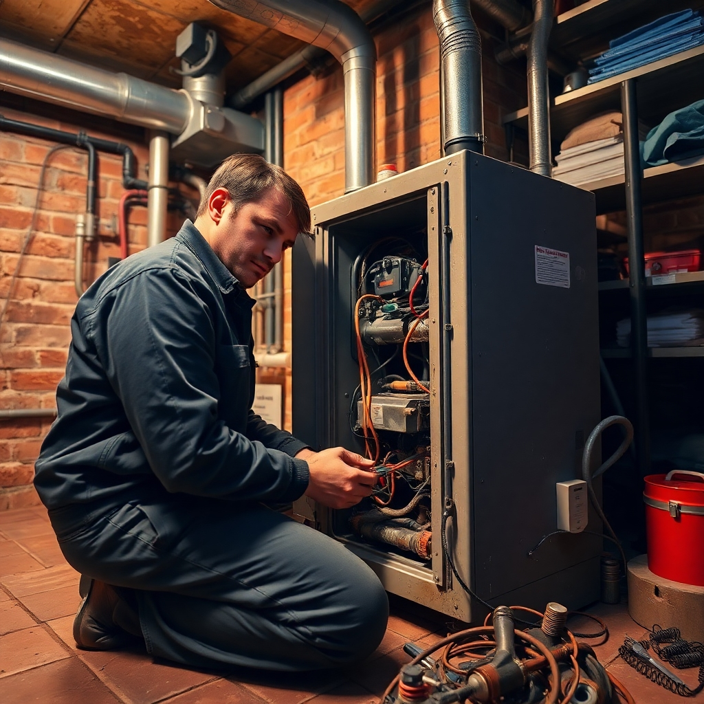 A photorealistic image, hyperrealistic and ultra-detailed (8K resolution), depicting a skilled HVAC technician expertly repairing a malfunctioning heating system in a cozy, well-lit basement. The lighting is warm and inviting, with soft, diffused light eliminating harsh shadows. The color palette is rich and earthy, featuring warm browns and greys from the aged furnace and the surrounding brickwork. The composition features the technician kneeling, focused on his work, with the heating system as the central focus. The camera angle is slightly low, giving a sense of intimacy and emphasizing the detail in the repair work.  The texture of the heating system, including metal parts and wires, is distinctly visible, conveying a sense of realism.  The surrounding area is meticulously detailed, including pipes, tools, and a general neatness. The technician's expression reflects professionalism and expertise. The style should mimic a documentary style of photography. Background elements such as storage shelves neatly arranged suggest a well-maintained space. The image conveys a sense of competence and trustworthiness.