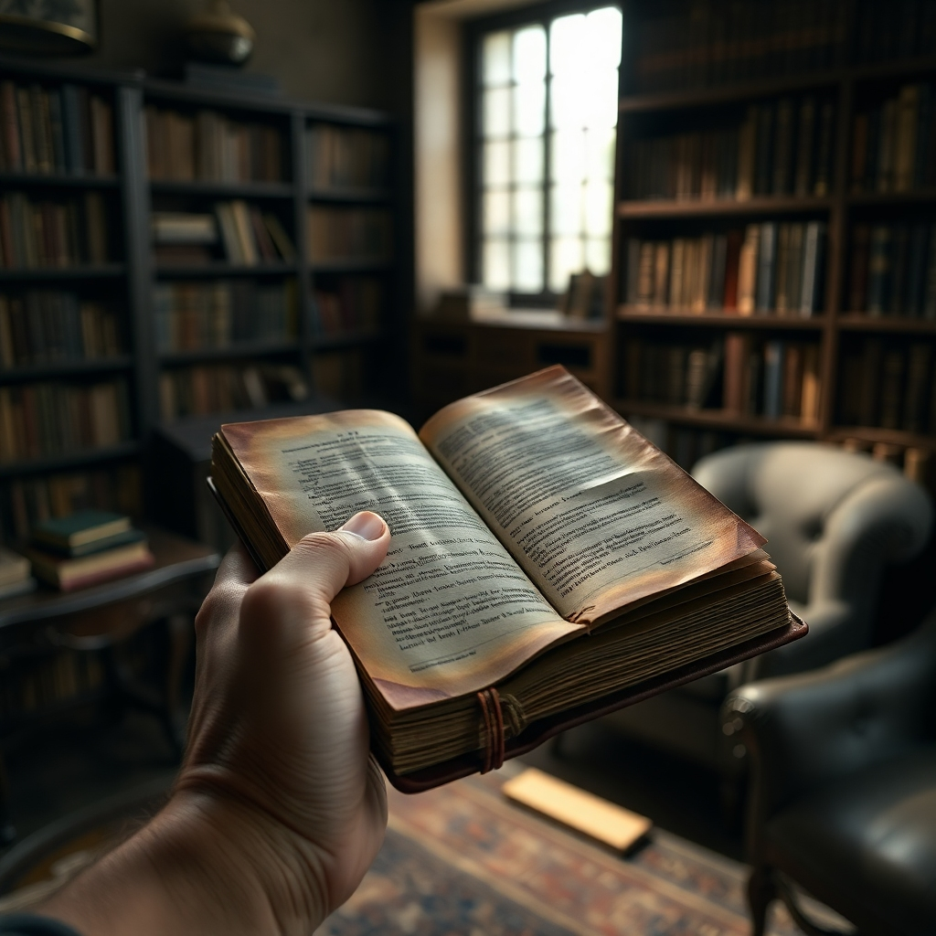A photorealistic image in 8K resolution depicting a close-up shot of a person's hands carefully holding a delicate antique book in soft, diffused natural light coming from a nearby window. The color palette is subdued and muted, consisting of warm earth tones and a range of browns.  The camera angle is close and intimate, focusing on the textures of the book's worn leather cover and the intricate details of its aged pages.  The background is a softly blurred image of a dimly lit study filled with antique furniture and bookshelves brimming with volumes.  The image should be rendered in a documentary style, similar to the work of renowned documentary photographers, evoking a sense of history, nostalgia, and the careful preservation of the past.  The attention to detail should be meticulously rendered, focusing on capturing every subtle scratch, crease, and discoloration on the book and the surrounding environment, emphasizing realism and texture.