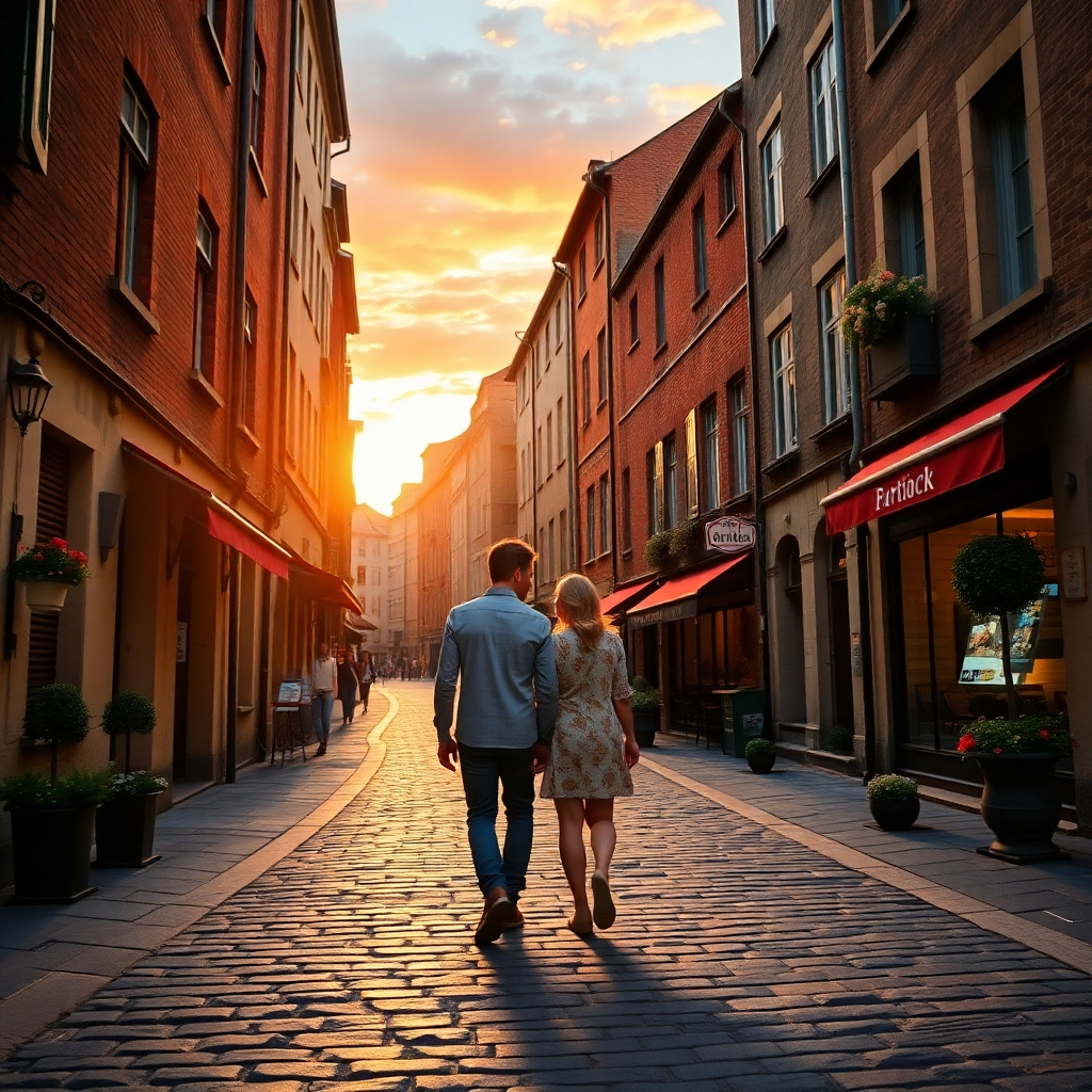 A photorealistic image in 8K resolution, depicting a couple strolling through a charming cobblestone street in a European city during sunset. The scene should be filled with warm, inviting lighting, casting long shadows from the buildings. The color palette should be rich and romantic, with warm oranges and yellows dominating the sky, complemented by the muted tones of the old buildings. The camera angle should be from a street level, capturing the intimacy of the scene. The composition should include a variety of textures, from the rough cobblestones underfoot, to the weathered textures of the aged brick buildings, to the soft textures of the couple's clothing. Background details should include charming cafes, flower boxes on window sills, and other elements that convey a sense of place and culture. Environmental elements should include a clear, vibrant sunset sky and a gentle breeze rustling through the leaves of nearby trees. The overall mood should be romantic and inviting, conveying a sense of charm and discovery. The style should emulate the work of Annie Leibovitz, famous for capturing intimate and emotionally resonant scenes, creating an image that is both visually appealing and emotionally engaging. The image should be hyperrealistic and ultra-detailed, showing a high level of fidelity in the textures, lighting, and overall atmosphere.