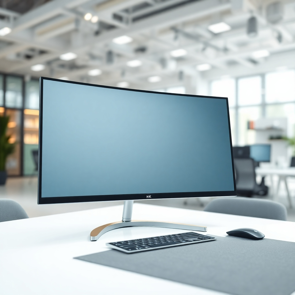 A photorealistic image in 8K resolution depicting a modern, minimalist website interface on a large, curved monitor. The scene is set in a clean, brightly lit workspace with soft, diffused lighting. The color palette is muted and professional, with soft grays, blues, and white.  The camera angle is slightly low, looking up at the monitor, emphasizing the scale and modernity of the design.  The image should feature a high level of detail, capturing the smooth, clean lines of the user interface and the subtle textures of the monitor's glass and metal frame.  The background should be a bokeh of a modern office environment, subtly suggesting a busy but organized workspace.  Props should include a wireless keyboard and mouse, subtly positioned to suggest ease of use.  Textures should emphasize smooth glass, brushed metal, and subtly textured fabrics. Style reference:  Avedon. The image should be styled to project a professional and technologically advanced impression. The overall mood is one of efficiency, modernity, and user-friendliness.