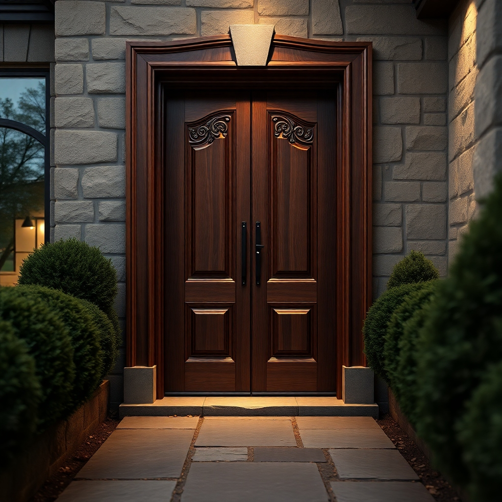 A photorealistic image, in the style of architectural photography, showcasing a newly installed, bespoke wooden front door. The door is made from dark walnut wood, with intricate carvings around its panels and a custom-made iron handle. Soft diffused lighting creates a warm, inviting atmosphere, highlighting the richness of the walnut's deep grain and the details of the carvings. The camera angle is eye-level, straight on, emphasizing the door's grandeur. The surroundings include a stone pathway leading up to the house, with neatly trimmed bushes, soft ambient lighting, and an outdoor scene.  The image should showcase a high contrast between the dark wood and the lighter stone, achieving an elegant and sophisticated ambiance. The overall color palette leans towards warm, earthy tones. The texture is highly detailed—the smooth, polished surface of the door contrasts with the rustic texture of the stone and the slightly rough texture of the carvings. The image should emphasize the quality and craftsmanship of the door. The image resolution is 8K, with hyperrealistic detail visible across all textures and components.