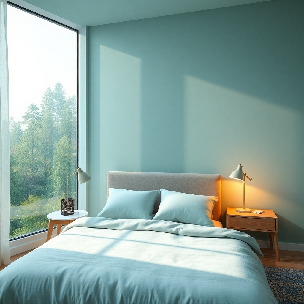 A photorealistic image of a bedroom with a soothing color palette of soft blues and greens.  Natural light streams in from a large window, complemented by warm, strategically placed lamps creating a relaxing and inviting atmosphere. The image should highlight the interplay between natural and artificial lighting and the harmonious color scheme.