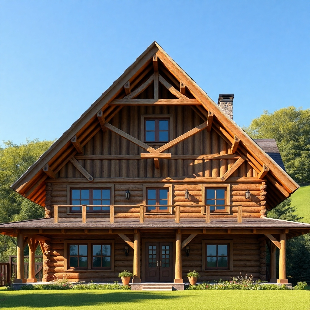 A photorealistic image of a beautifully crafted timber-framed house, showcasing exposed beams, intricate joinery, and detailed craftsmanship. The house should be set in a picturesque countryside setting, perhaps with a lush green background and clear blue sky. The lighting should be natural and soft, highlighting the textures and colors of the wood.