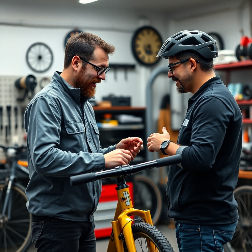 A photorealistic image of a bike mechanic having a friendly conversation with a customer, pointing to a specific part of a bicycle while clearly explaining the issue.  The setting is a well-organized workspace, emphasizing clear communication and trust between the mechanic and customer. The image should convey transparency and honesty.
