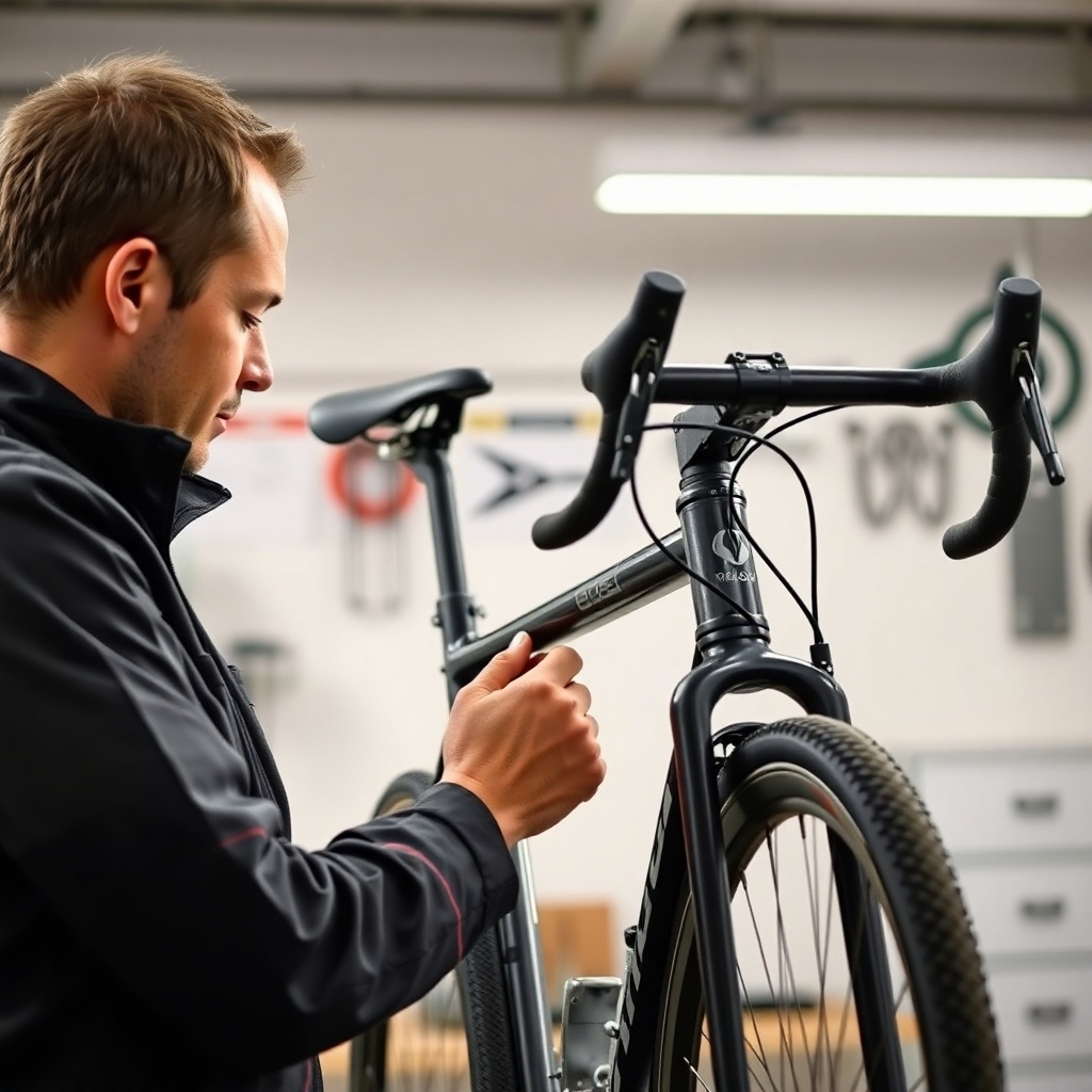 A photorealistic image of a bike mechanic meticulously inspecting a bicycle, using various tools. The mechanic should be wearing professional attire, and the image should highlight various components like brakes, tires, and handlebars being checked for wear and tear. The background is a clean, bright workshop.