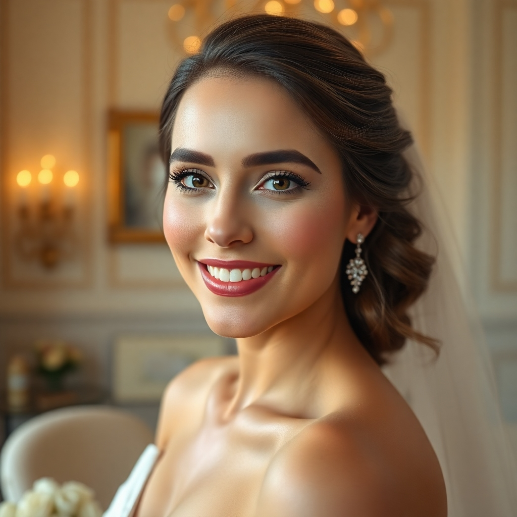 A photorealistic image of a bride with flawless, radiant bridal makeup, looking happily at the camera. The setting is a luxurious bridal suite with soft lighting.  High-definition detail on the makeup, showing its subtlety and elegance.  The bride is wearing a classic, elegant wedding dress.