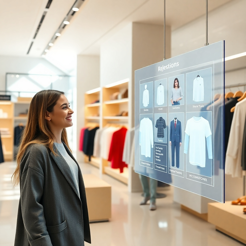 A photorealistic image of a bright, modern retail store. A customer interacts with a holographic display showing personalized clothing recommendations. The store is minimalist and chic, with natural light streaming in.  The customer is smiling and looks amazed. The AI interface is clean, intuitive, and easy to use, showcasing a seamless blend of physical and digital shopping.