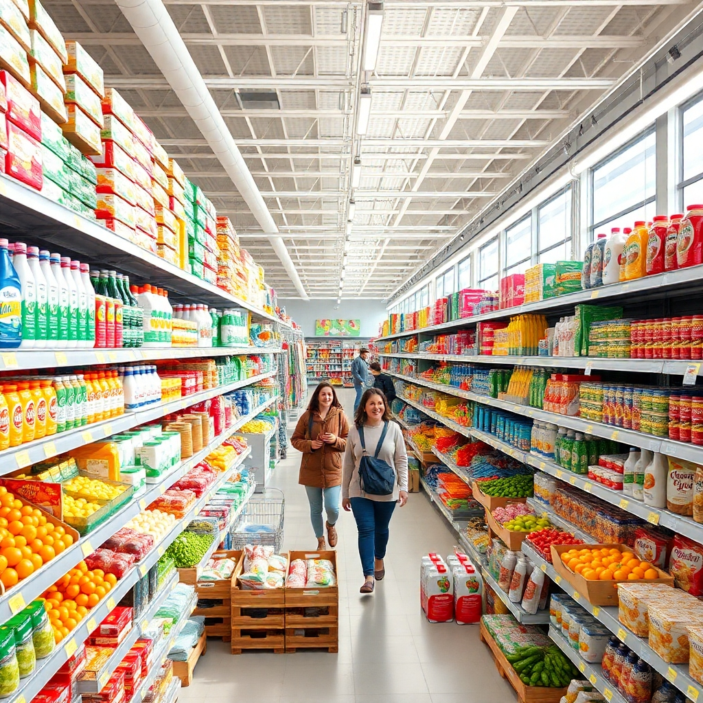 A photorealistic image of a bright, spacious retail store interior.  Wide aisles are stocked with diverse products, neatly arranged on shelves.  Show a variety of items including fresh produce, packaged food, cleaning supplies, and clothing.  The lighting should be natural and inviting, with happy shoppers browsing the aisles. Focus on the sheer variety and abundance of goods.