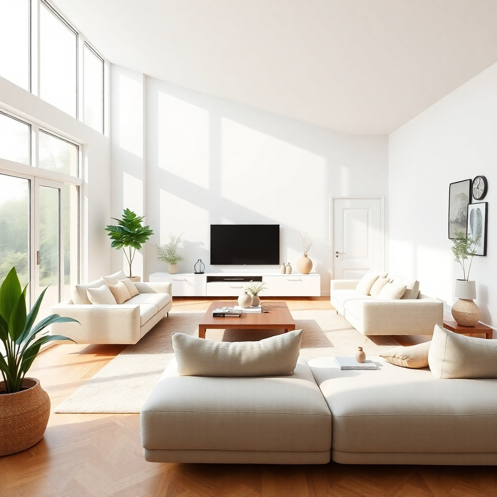 A photorealistic image of a bright, minimalist living room with only essential furniture and decor, clean surfaces, and ample natural light streaming through large windows. The overall aesthetic should convey a sense of calm and spaciousness.  Focus on the uncluttered surfaces and organized spaces.