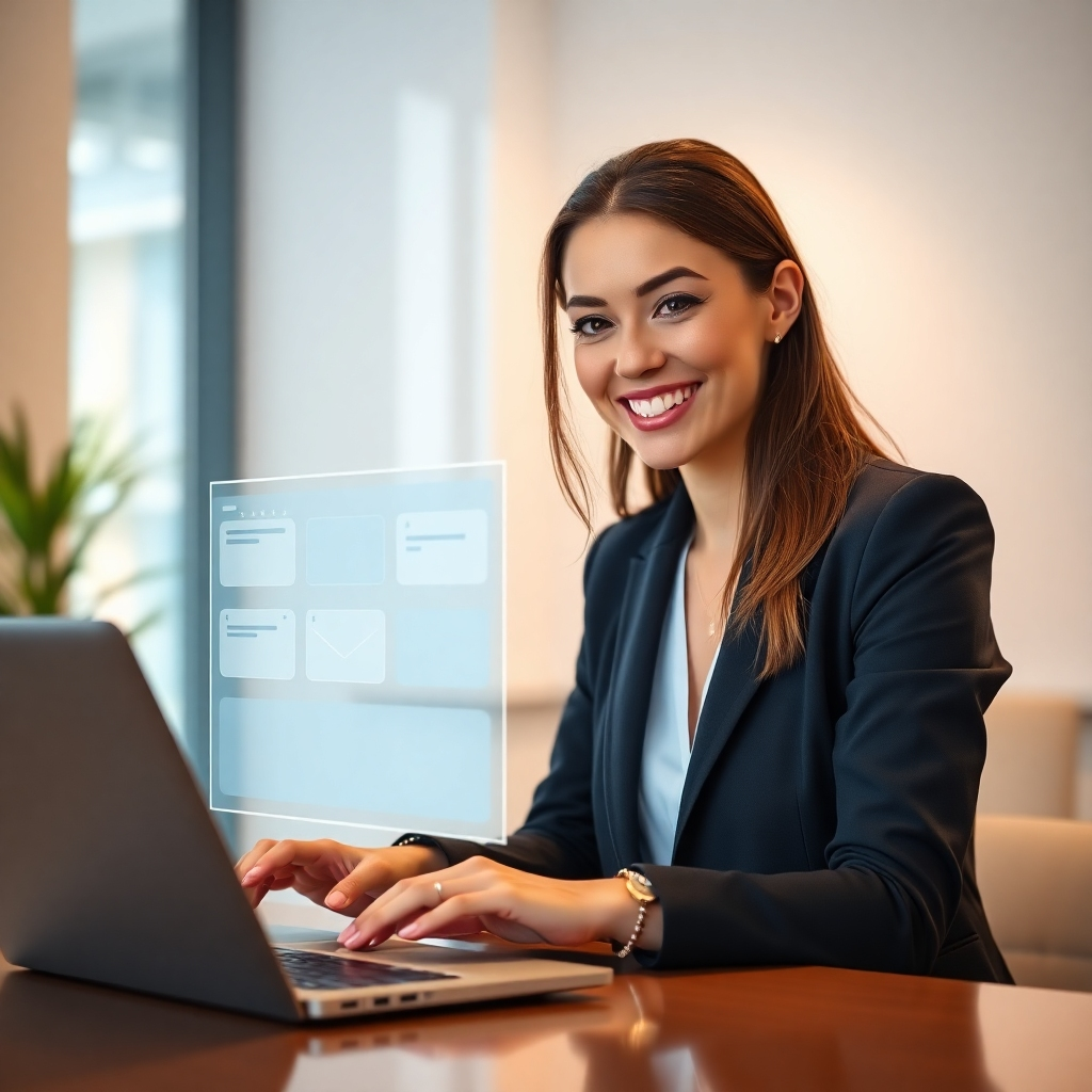 A photorealistic image of a businesswoman smiling and looking confident while working on her laptop in a modern, bright office. In the background, a virtual assistant is subtly depicted as a holographic projection, assisting with scheduling and email management. The overall mood is one of efficiency and calm.