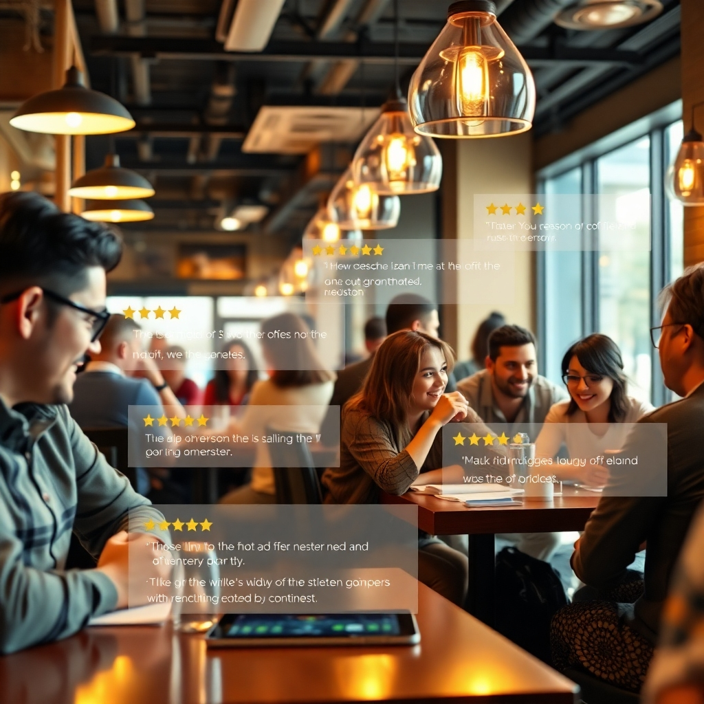 A photorealistic image of a bustling restaurant, with happy customers dining and interacting with friendly staff.  Include several glowing review snippets subtly overlaid on the image, perhaps on a tablet or phone at a table. The overall ambiance should be warm, inviting, and brightly lit, focusing on positive interactions and customer satisfaction. High-resolution, shallow depth of field.