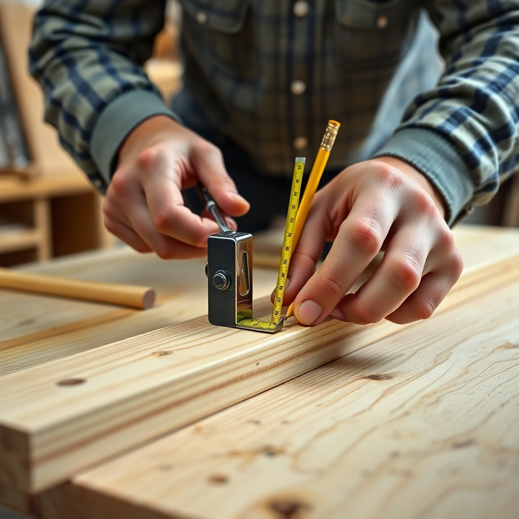 A photorealistic image of a carpenter's hands precisely measuring and marking a piece of wood using a tape measure, a try square, and a pencil. The wood should be light-colored and the markings clearly visible. The background should be a clean, well-lit workshop.