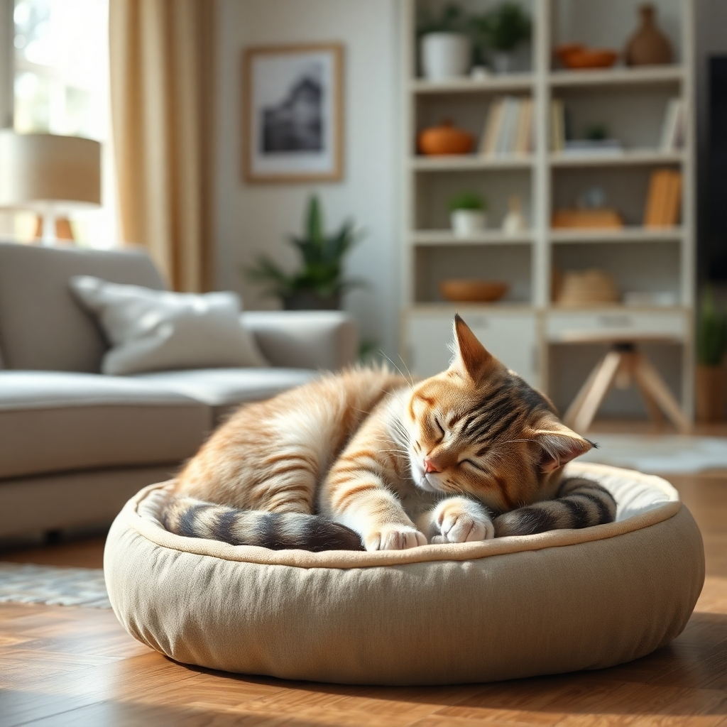 A photorealistic image of a cat contentedly sleeping on a comfortable pet bed in a well-lit, clean, and organized living room.  The background is subtly blurred, focusing attention on the cat's relaxed posture. High detail, 8k resolution, natural lighting