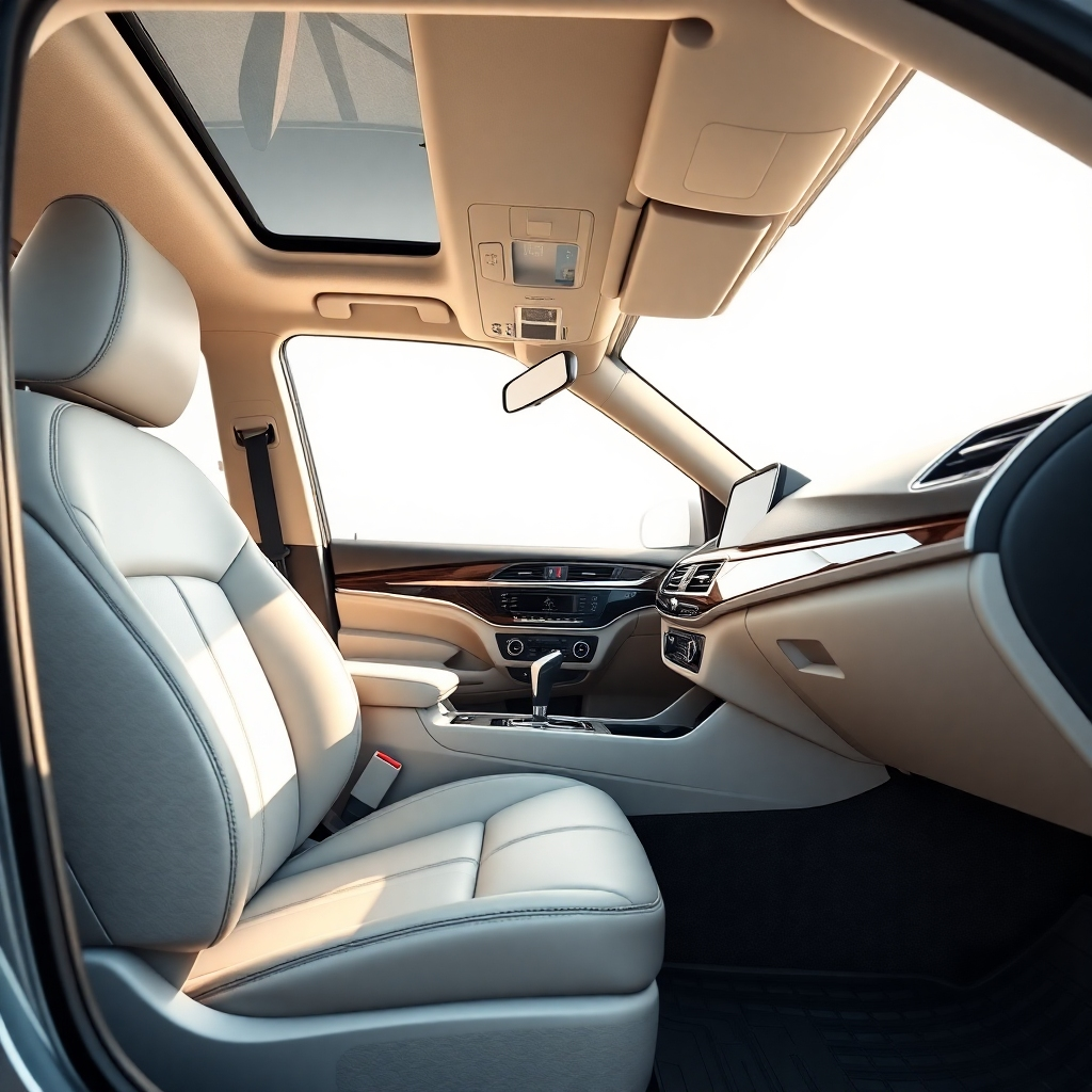 A photorealistic image of a car's meticulously clean interior, showcasing pristine leather seats, a spotless dashboard, and gleaming chrome accents.  The car is a light-colored SUV, and the image is brightly lit to highlight the cleanliness. Visible are neatly arranged floor mats and a completely dust-free dashboard.