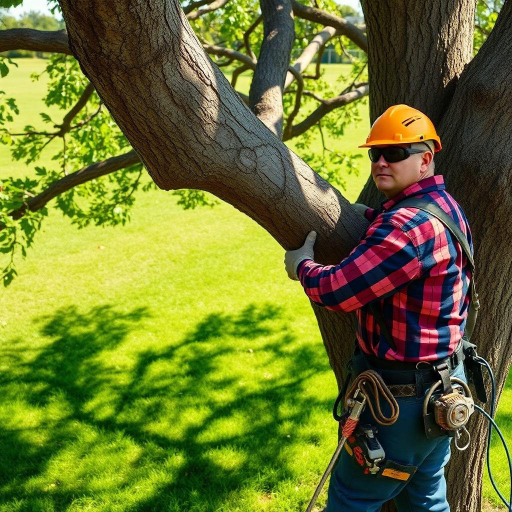 A photorealistic image of a certified arborist carefully pruning a large oak tree with professional equipment.  The background should be a lush green lawn, and the lighting should be bright and sunny, showcasing the clean cuts and healthy appearance of the tree after pruning.  Focus on the precision and skill of the arborist, highlighting safety measures.