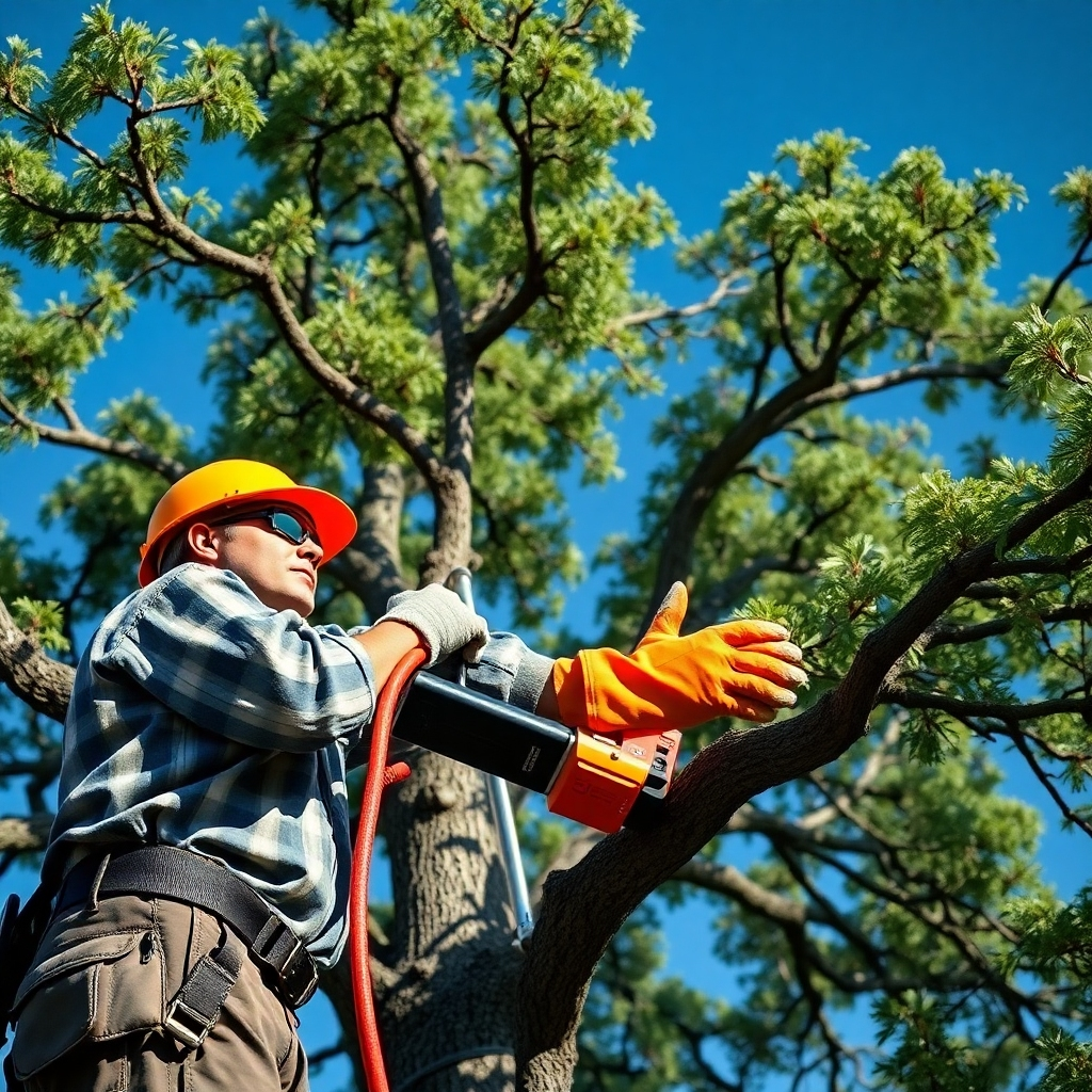 A photorealistic image of a certified arborist carefully pruning a large oak tree with professional equipment. The tree should be healthy and lush, showcasing precise cuts and a well-maintained canopy.  The background should be a clear blue sky. The arborist should be wearing safety gear, including gloves and eye protection. The image should be sharply focused and well-lit, emphasizing the precision and care taken during the pruning process. The overall mood should be one of expertise and care for the tree's well-being.