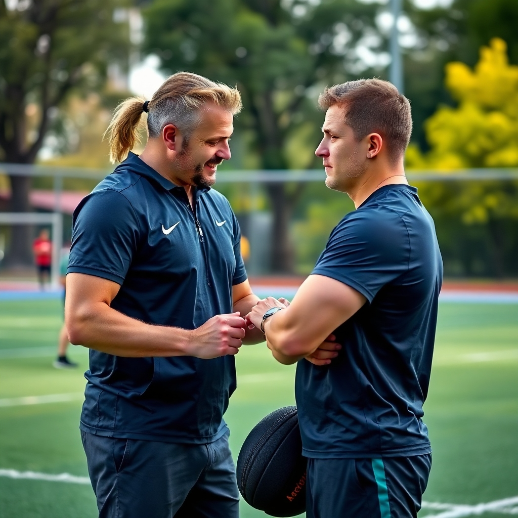 A photorealistic image of a certified sports trainer working one-on-one with an athlete. The setting could be outdoors in a park or a sports field, or indoors in a gym.  The trainer should be demonstrating proper technique or offering personalized guidance, with a positive and supportive demeanor. The athlete should be attentive and focused on the trainer's instructions. The image should convey a strong sense of trust, collaboration, and personalized attention.