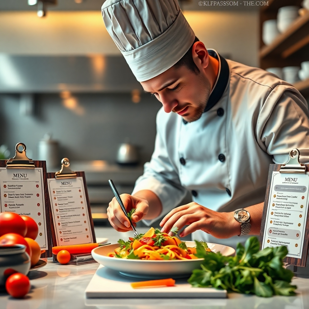 A photorealistic image of a chef meticulously preparing a dish with fresh, vibrant ingredients, surrounded by various customizable menu options displayed on elegant clipboards. The background should showcase a modern, well-equipped kitchen.