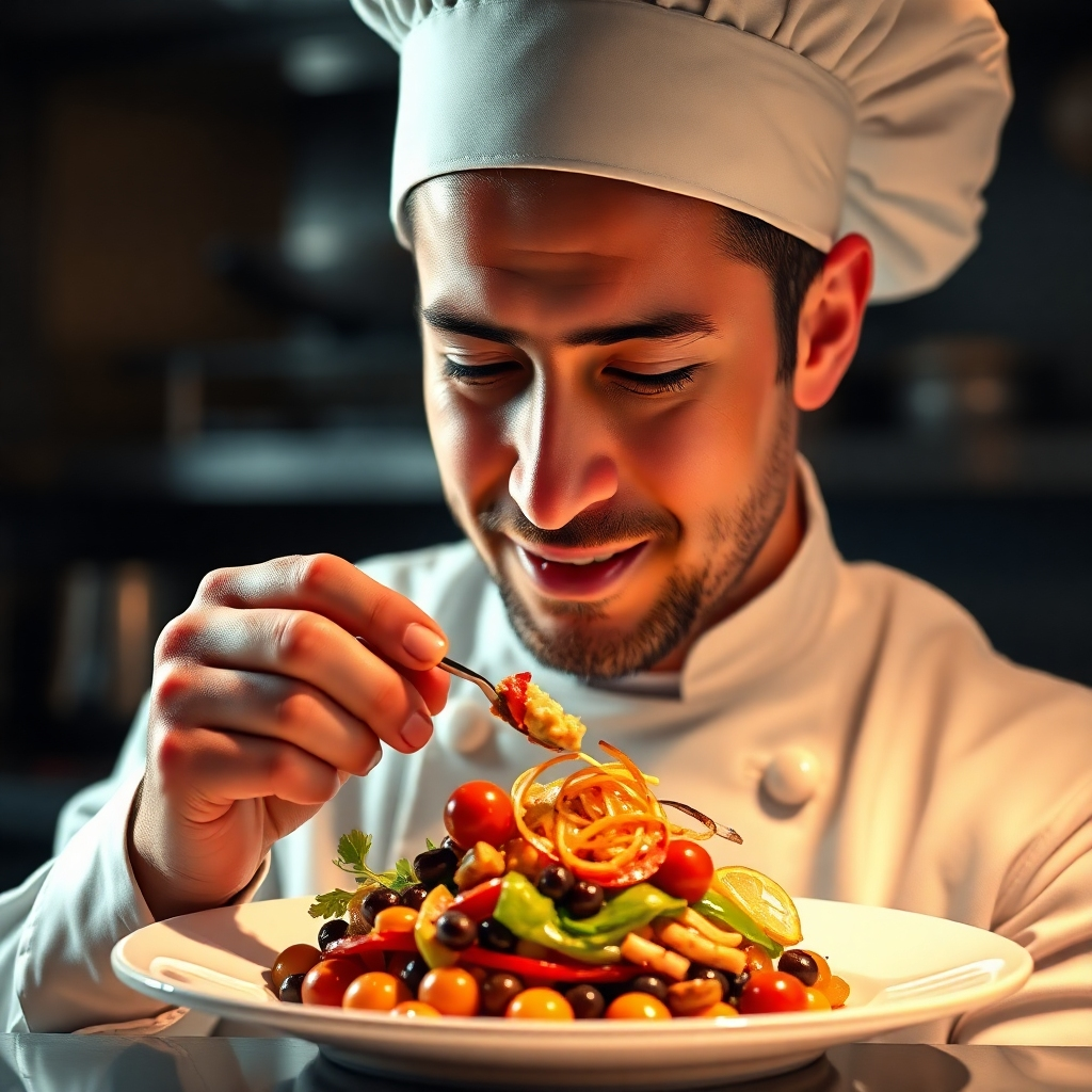 A photorealistic image of a chef taste-testing a newly created dish. The dish should be visually appealing and sophisticated, with a variety of colors and textures. The chef should have an expression of thoughtful consideration, perhaps a slight smile indicating satisfaction. The background could be a professional kitchen, subtly blurred to keep the focus on the dish and the chef. The lighting should be warm and inviting.